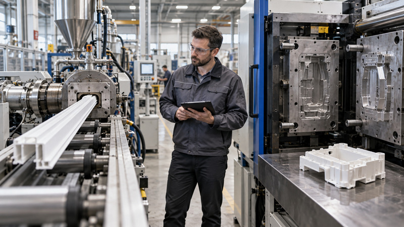 Engenheiro compara linha de extrusão de perfis e molde de injeção em fábrica de plásticos.