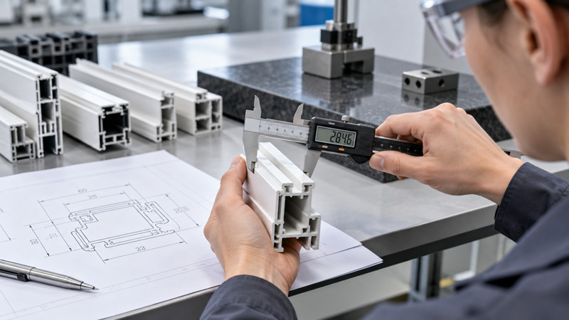 Técnico mede perfil plástico branco com paquímetro digital em bancada de metrologia.