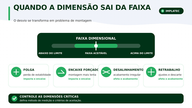 Infográfico relaciona faixa dimensional aceitável a problemas de montagem.