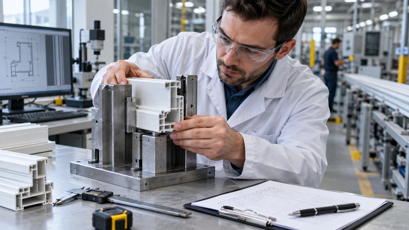 Engenheiro testa encaixe de amostra de perfil plástico em dispositivo industrial.