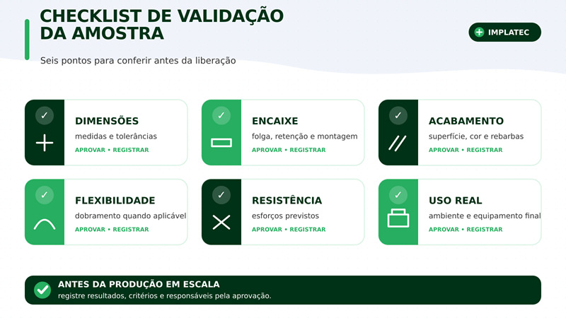 Infográfico mostra seis pontos para validar uma amostra de perfil plástico.